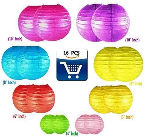 GREENPEAS 16 pcs Colorful Paper Lanterns Decorative, Multicolor of Japanese/Chinese Paper Lanterns, Hanging Lantern for Parties, Weddings, Special Occasions (Sizes: 4”, 6”, 8”, 10”)