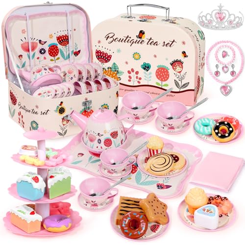 Image of Tea Party Set for Little Girls, 49PCS Princess Tea Time Toys Including Tea Set Dessert Carrying Case, Kids Kitchen Pretend Playset, Montessori Toys for Toddlers 3 - 8 Year Old Girl Birthday Gifts
