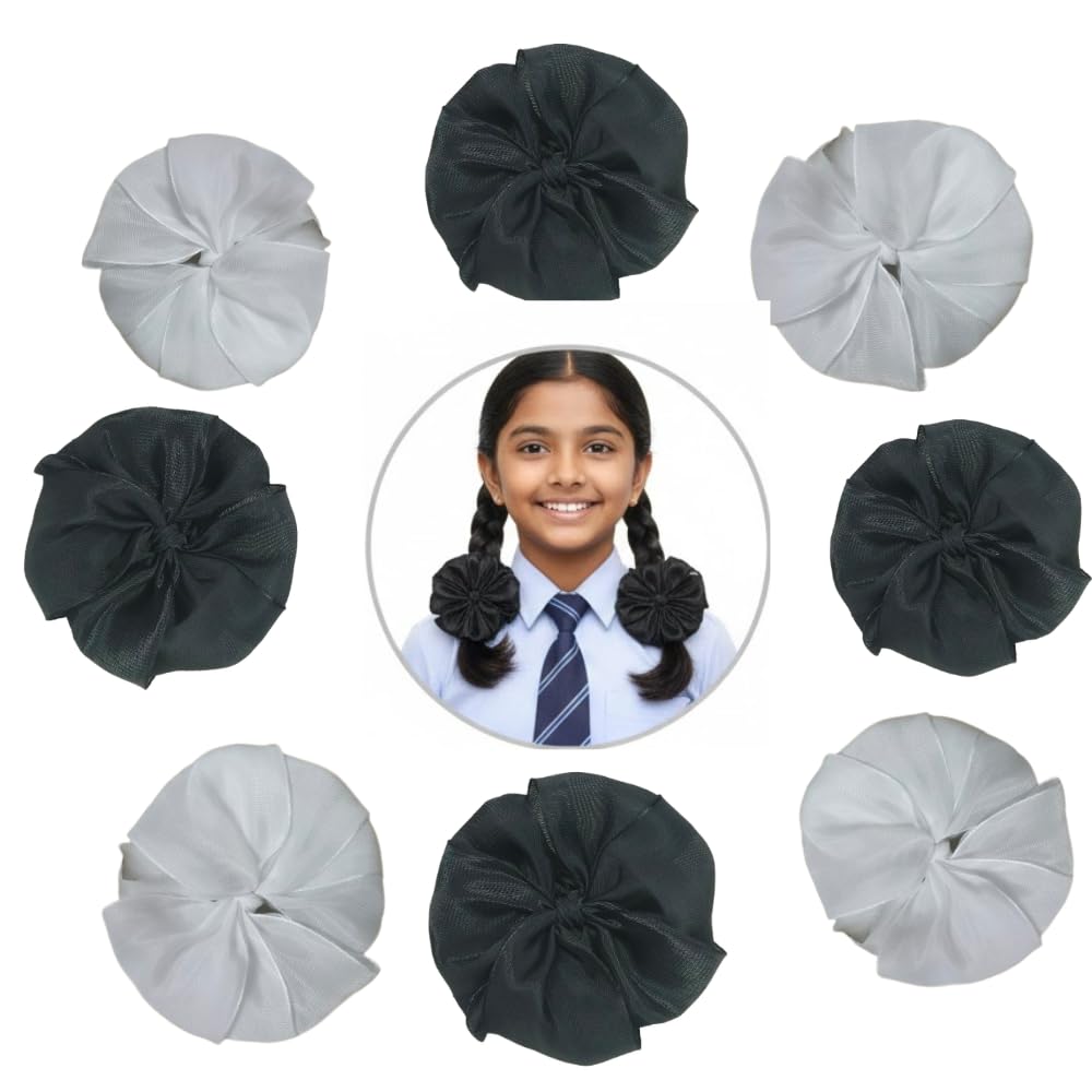 Readymade Ribbon for School Girls – Soft Satin Bow Hair Accessory – Easy to Wear, Stylish & Neat Look – Ideal for School Uniforms bow in girls & Daily Use – Pack of 8 /School Ribbon in Kids (black & white, more cover)