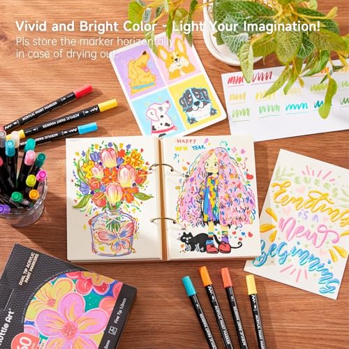 Image of Shuttle Art 60 Colors Dual Tip Acrylic Paint Markers, Brush Tip and Fine Tip Acrylic Paint Pens for Rock, Ceramic, Wood, Canvas, Plastic, Glass, Stone, Calligraphy, Card Making, DIY Crafts