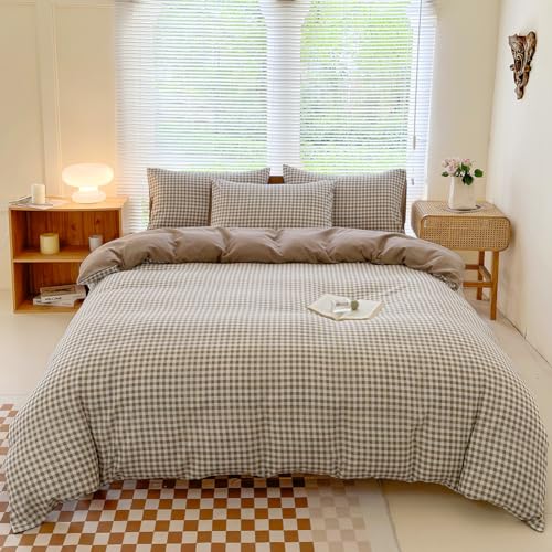 Nsnlgsgc Queen Gingham Grid Duvet Cover Set Tan- Washed Microfiber Plaid Comforter Cover Set Brown Soft & Lightweight Breathable Clean Bedding Set thumb #8