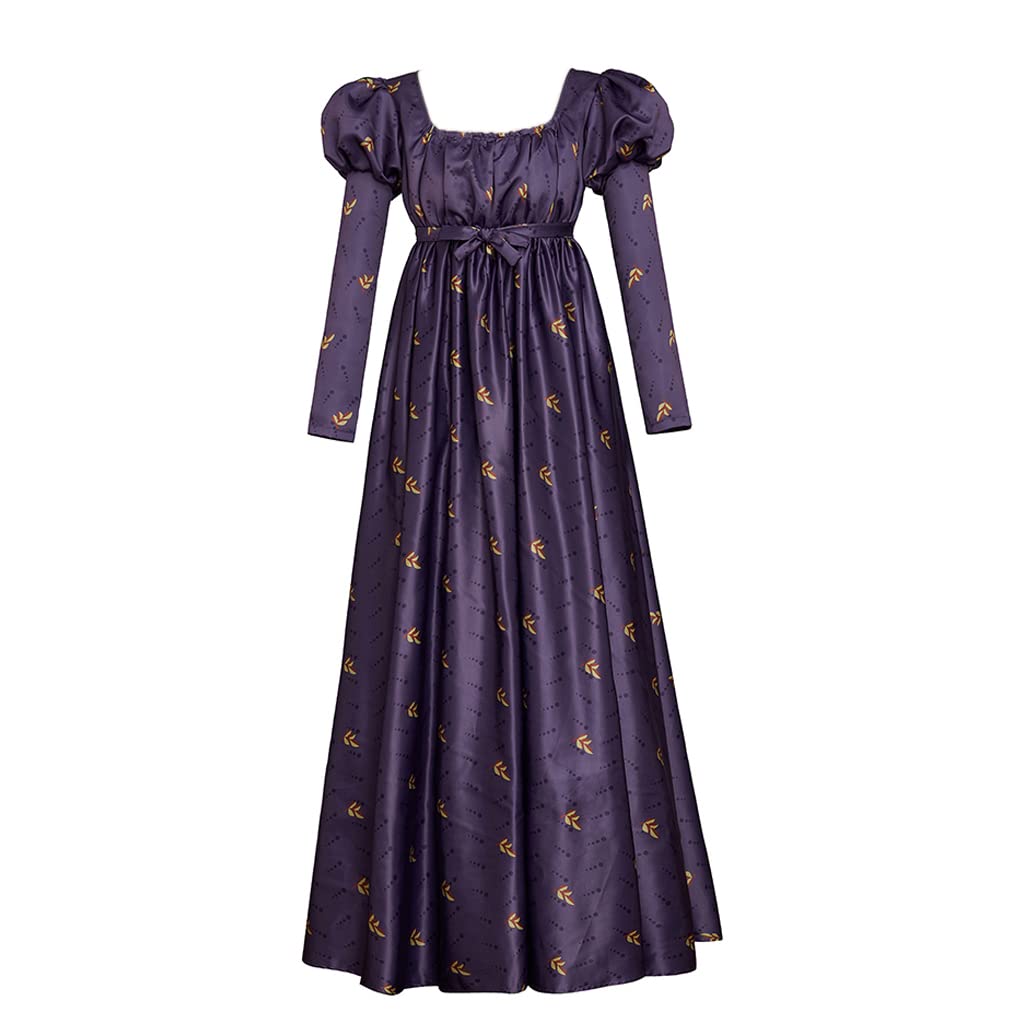 Regency Empire Jane Austen Vintage High Waistline Tea Party Ball Gown Purple Floral Puffy Sleeve Dress