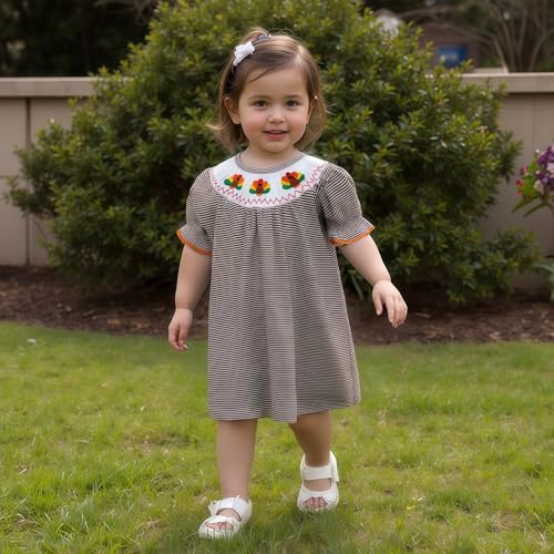 Toddler Baby Girl Thanksgiving Turkey Embroidery Short Sleeve Striped Dress Bubble Clothes2