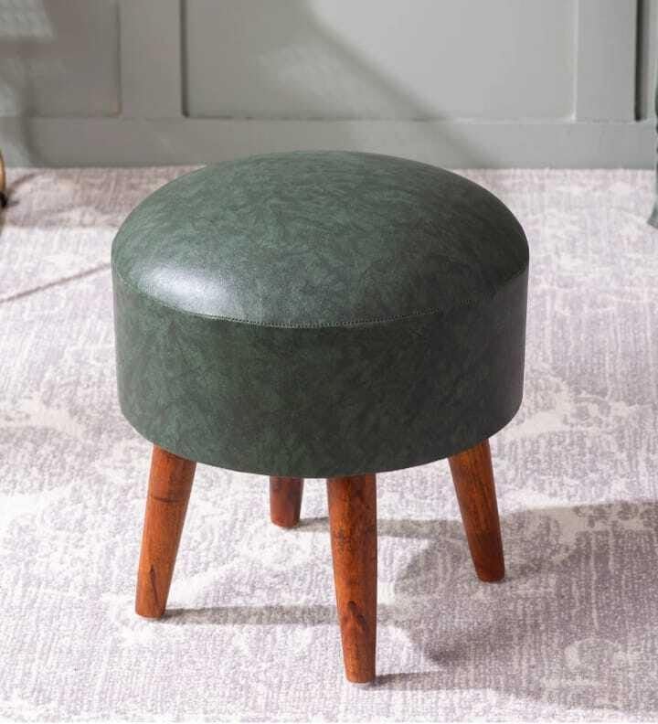 Round Ottoman Footstool with Wooden Legs, Forest Green Faux Leather, Modern Accent Furniture-image-11