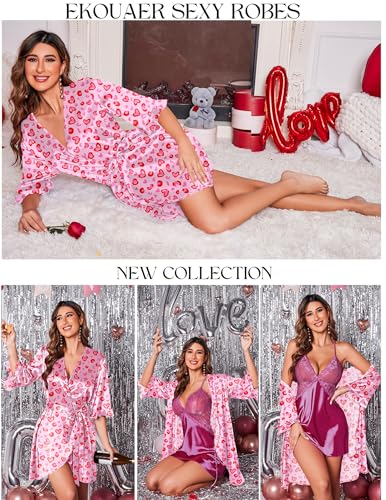 Image of Ekouaer Women's Satin Robe Valentines Lingerie for Women Kimono Bathrobe Short Ruffle Belted Robes Bridesmaids Sleepwear