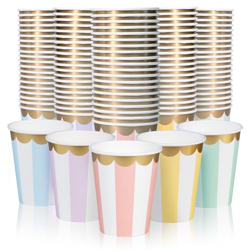 Bicchieri di carta usa e getta, confezione da 100, 5 colori pastello a righe, dettagli in lamina d'oro smerlata, 226,8 g, per ristoranti e feste