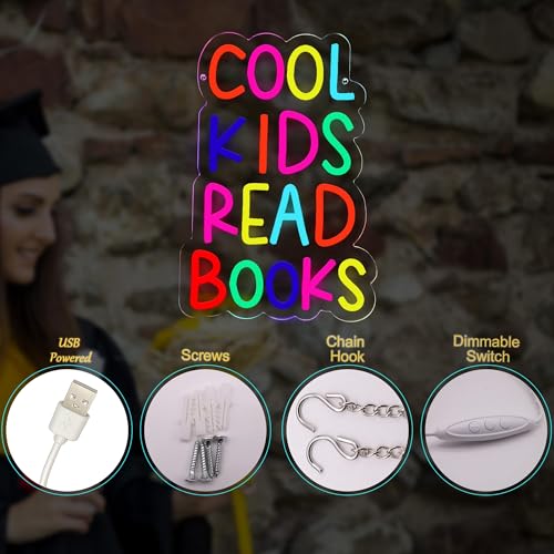 Image of Cool Kids Read Books Neon Signs USB Powered for Wall Decor,Books Neon Light Sign for Reading Room Hanging Decorations Library Classroom Read Corner Decor, Bookish Gifts