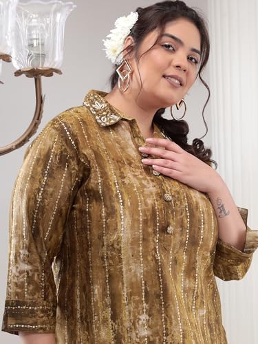 Image of Bani Women Printed Plus Size Co-ord Set, Shirt and Trouser Set 2 Piece Outfit, 3 /4 Sleeves,V-Neck with Floral Work Collar, Coord Sets for Womens, Western Dress Stylish Design for All Occasions