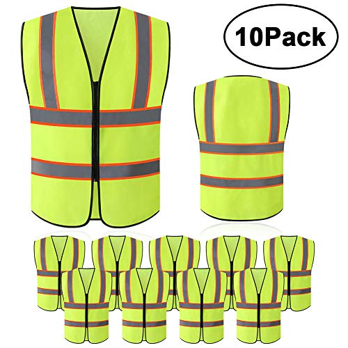 Tekware Safety Vest with High Reflective Strips, Pack of 10 Bright Neon Color Construction Protector with Zipper