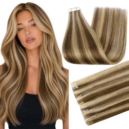 Full Shine Injected Tape In Extensions Human Hair, Brown Honey 20 Inch