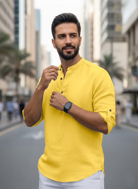 Image of Men Cotton Blend Mandarin Collar Casual Kurta Shirt | Roll-Up Sleeves | Regular Fit Ethnic Short Kurta for Daily