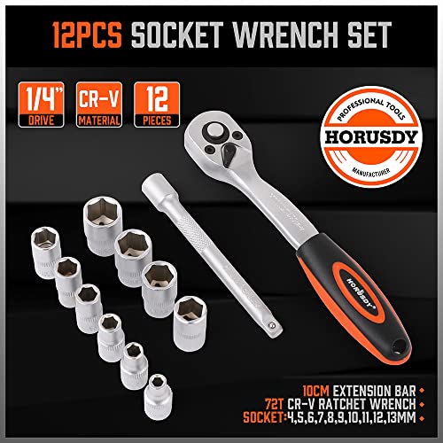 Horusdy 12-Pieces 1/4” Ratchet Socket Wrench Set, Drive Socket Set, 4Mm -13Mm Sockets And, Quick Released Ratchet Handle And 2 Extension Bar #TOP1