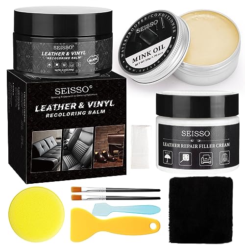SEISSO Leather Repair Kit for Furniture, Black Vinyl Repair Kit with Mink Oil, Car Interior Leather Recoloring Balm for Scratches, Fading Shoes, Car Seat, Sofa