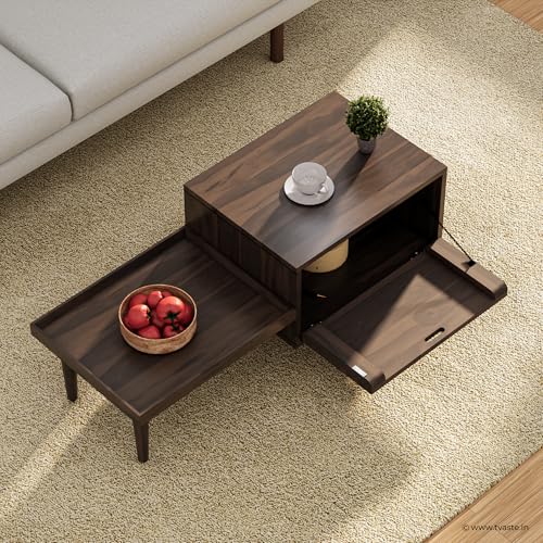 Image of KOVA Solid Sheesham Wood Coffee Table & Centre Table for Living Room with Lift-Down Shutter Storage and Open Side Tray (Wavy, Walnut Finish)