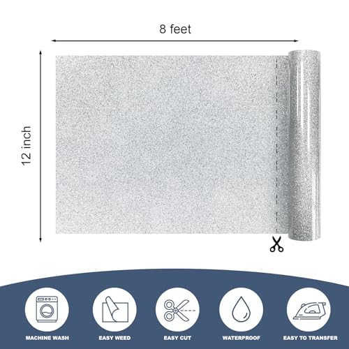 Image of Silver Glitter Heat Transfer Vinyl 12 inch x 8 ft HTV for Shirts, Glitter HTV for All Cutter Machine - Easy to Cut & Weed for Heat Vinyl Design (Silver)