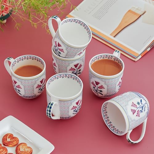 Image of Clay Craft x Magique by The Wishing Chair : Bouquet Tulip Garden Coffee Mugs Set of 6 - 250 ml Fine Ceramic Tea Cups | Lightweight Floral Bone China Mugs | Microwave & Dishwasher Safe | Daily Use