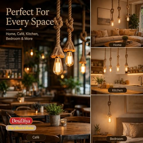 Image of Desidiya Pendant Rope Lights, Pack of 4 | Jute Style, For Ceiling Hanging, For Cafes, Malls & Home, 40W, Bulb Not Included