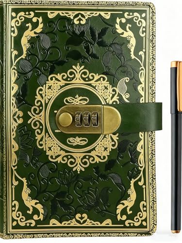 A5 Journal With Lock Vintage Leather Diary With Lock 200 Pages Lined Paper Notebook With Pen Secret Diary With Combination Password Locked Journal for Women Girls Travel Writing (Green)
