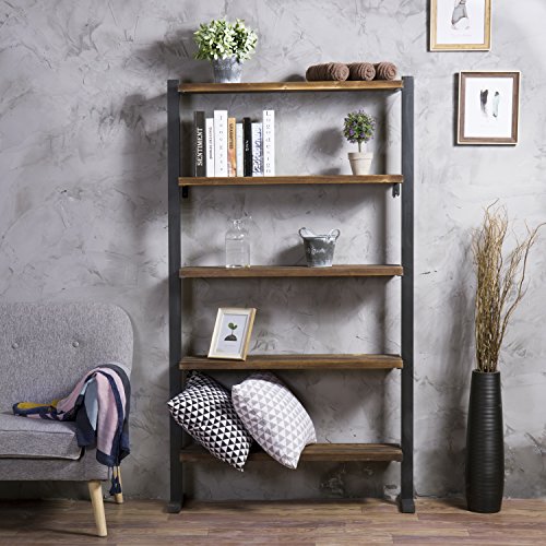 Mygift Large Tall Standing Bookshelf Wall Unit For Storage And Display, Decorative Home Bookcase With 5 Tier Solid Pine Wood Shelves And Industrial Metal Frame, Mounts To Wall For Stability #TOP1