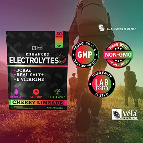 Image of Enhanced Electrolyte Powder Stick Packs (Cherry Limeade | 20 Packets) w / 0 Sugar +BCAAs +B-Vitamins Electrolyte Supplement w Potassium Zinc & Magnesium for Hydration - Keto Electrolytes