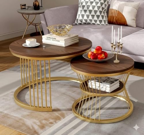 Image of Roldo Modern Nesting Coffee Table Set of 2 for Living Room, Round Coffee & Side Table with Metal Frame and Marble Finish MDF Top, Center Table for Sofa, Home Decor Office & Apartment (Gold Walnut)
