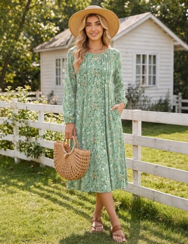 Image of Zeagoo Fall Dresses for Women Long Sleeve Midi Dress Casual A Line Dresses 2026 Pleated Flare Dress with Pockets