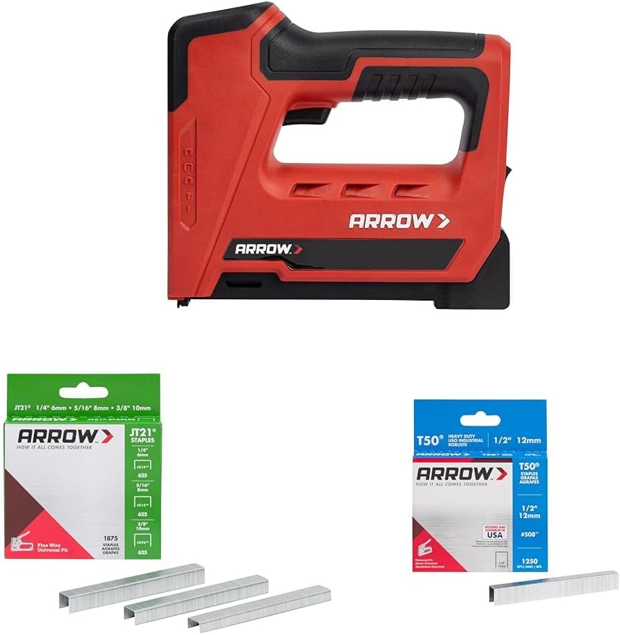 Arrow ET501C Cordless 5-in-1 Professional Staple and Nail Gun & 21 Thin Wire Staples & y Duty T50 1/2-Inch Leg Length