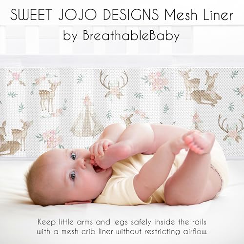 Image of Sweet Jojo Designs + BreathableBaby 2-Piece Breathable Mesh Crib Liner Set (Woodland Deer Floral) for Girls, Baby, Infants /Newborn Nursery (Boho, Bohemian, Watercolor, Forest Animal, Shabby Chic)