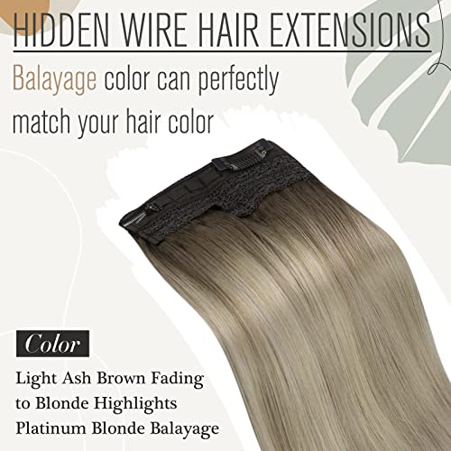 Sunny Wire Hair Extensions Human Hair Ombre Blonde Invisible Line Human Hair Extensions Light Ash Brown To Blonde Highlights Platinum Blonde Secret Wire Hairpiece Hair Extensions 80G 18Inch #TOP2