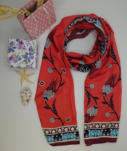 MutluHan Turkish Scarf - 100% Silk Tulip Design | Coral Red | Luxurious and Comfortable Women’s Scarf, Perfect for Gifts and Special Occasions, Suitable for Daily, Evening and Office Wear3