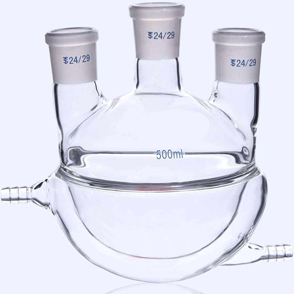 500ml 1000ml 24/29 29/32 Glass 3 Necks Jacket Jacket Double Layer Reaction Bottle 2-Nozzle Lab Glassware Experiment(500ml 29-24-24)