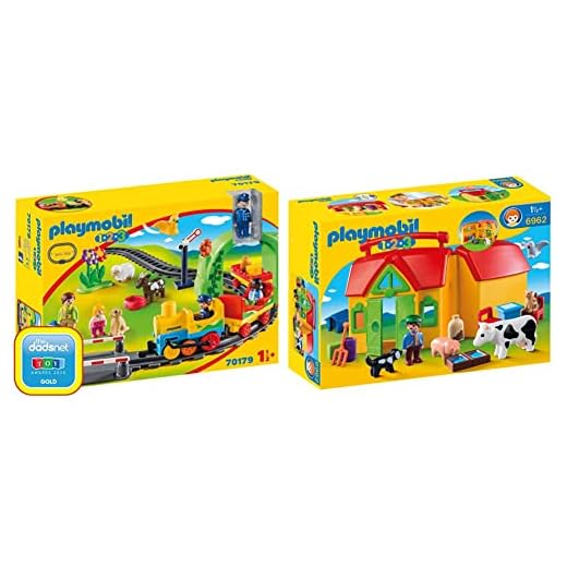PLAYMOBIL 1.2.3 Mi Primer Tren, A Partir de 18 Meses (70179) + 1.2.3 Granja Maletín, a Partir de 1.5 Años (6962), Color, Modelo Surtido