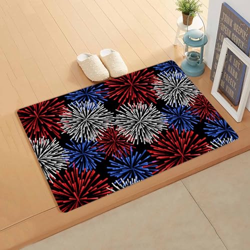 Red Blue Fireworks Antifatigue Kitchen Bath Door Mat Cushioned Runner Rug,Washable Welcome Floor Sink Mat,Waterproof Non-Slip Kitchen Standing Doormat,4th of July Patriotic Memorial Day Black 20