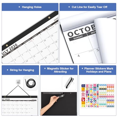 Image of Ospelelf 2026-2027 Calendar Magnetic Desk Wall Desktop Monthly Planner Use July 2026 to December 2027 Large To Do Pad with Plastic Cover for Office 17 inch X 12 inch Black