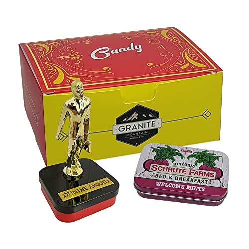 The Office Candy Gift Set - Dundee Trophy And Schrute Farms Mints | Dundie Award And Schrute Farms Candy Tin Filled With Office Candy | The Office Gifts, Office Awards, Decorations, And Office Stuff The Office Candy Gift Set - Dundee Trophy And Schrute Farms Mints | Dundie Award And Schrute Farms Candy Tin Filled With Office Candy | The Office Gifts, Office Awards, Decorations, And Office Stuff