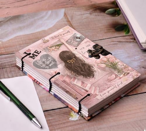 Image of Vintage Aesthetic 'Love Yourself' Personal Journal - A5 Handmade Pink Diary with Antique Metal Lock, 200 Unruled Pages, Hardcover Hand-Stitched Notebook for Girls & Women, Sketching & Daily Notes