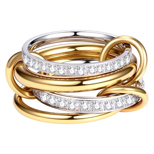 Bague femme zircon fantaisie en acier inoxydable plaqué or 14K style chic multicouche