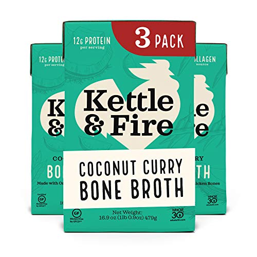 Kettle and Fire Coconut Curry & Lime Chicken Bone Broth, Keto, Paleo, and Whole 30 Approved, Gluten Free, High in Protein and Collagen, 3 Pack