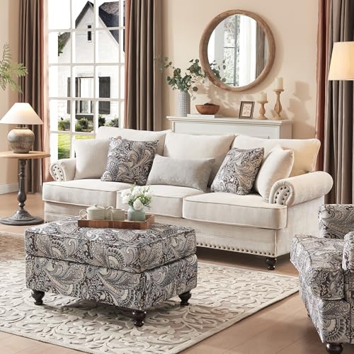 Image of Upholstered Foot Stool Ottoman, Foot Rest with Wooden Legs, Mid-Century Floral Paisley Pattern Footstool Ottomans for Living Room, Bedroom, Entryway (Ottoman)