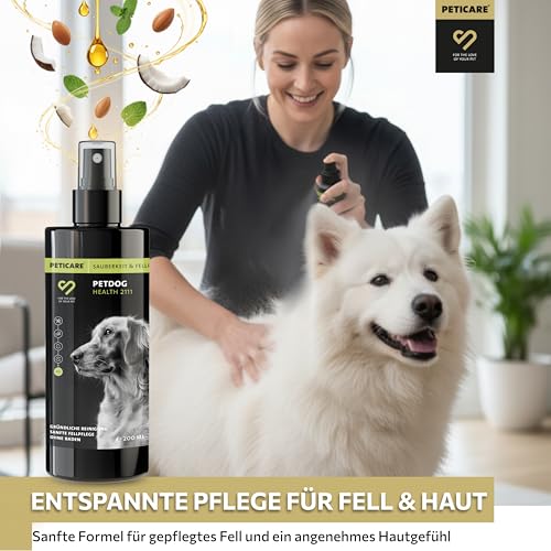 Peticare® Hunde Trockenshampoo (200 ml) – Natürliches Hundeshampoo gegen Geruch & Schmutz – ohne Wasser – Sanfte Fellpflege für Hunde & Welpen – für alle Fellarten – mit Argan- & Kokosöl