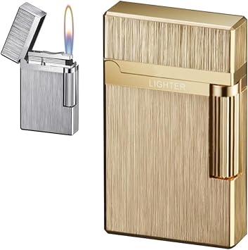 Flint Side Slide Lighter, Classic Grinding Wheel Lighter, Metal Ping Sound Lighter,Adjustable Soft Flame Lighter Refillable Gas Butane Lighter, for Cigarette/Cigar/Candle Gifts for MenGold