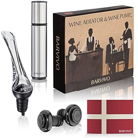 Wine Aerator and Wine Saver Pump with 2 Vacuum Bottle Stoppers by Barvivo -This All-in-One Kit is Leakproof, Easy to Use and Make Cheap Wine Taste Three Times as Good and Keep it Fresh for 14 Days Cover