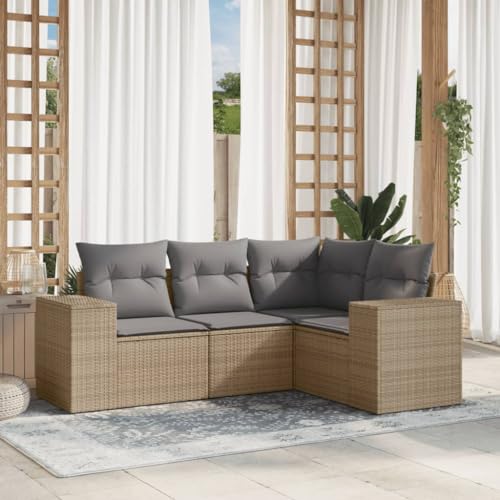 HaoChrymec 4-TLG. Garten-Sofagarnitur mit Kissen Beige Poly Rattan,...