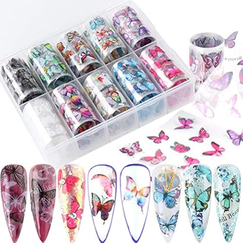 Butterfly Nail Art Foil Water Transfer Stickers 10 Rolls Nail Art Tattoo Decorations Acrylic DIY Nail Foils Transfer Decals Decorations - Butterfly Nails Accessories Cover
