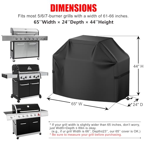 BBQ Grill Cover, Waterproof, Weather Resistant, Rip-Proof, Anti-UV, Fade Resistant, with Hook-and-Loop Straps, Gas Grill Cover for Most Grills, 65'', Black