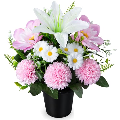 SIFOEL Fleurs artificielles pour cimetière en pots, chrysanthèmes artificiels, marguerites et lys avec pot, fleurs commémoratives pour cimetière,...