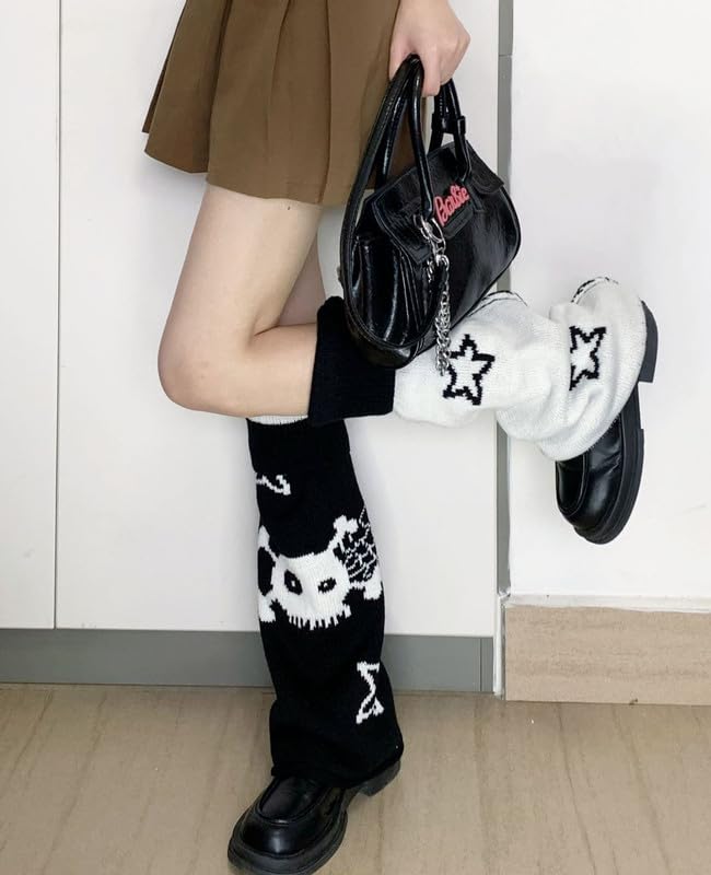 Hopecn Girls Leg Warmers Y2K Skull&Star Print Two Side Wear Knitted Goth Leg Warmer 80s Loose Kawaii Streetwear Socks.4