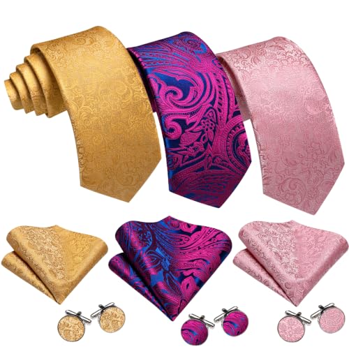 Image of Barry.Wang 6 PCS Men Ties Set Silk Business Fashion Woven Necktie Handkerchief Cufflinks Paisley Stripe Wedding Party