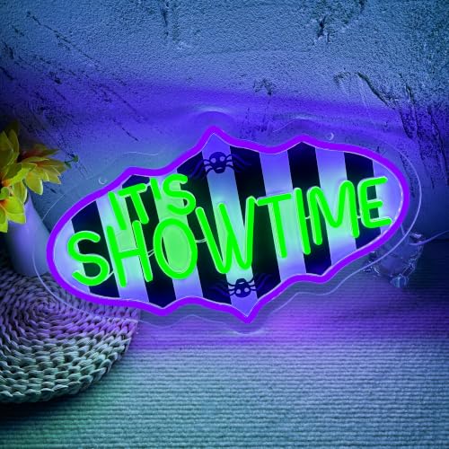 Image of It'S Showtime Neon Sign Halloween Horror Movie Neon Light LED Spooky Gothic Wall Decor USB Powered, for Home Theater Halloween Party Spooky Theme Movie Lounge Stage Bar(16.1 * 9.4 In)