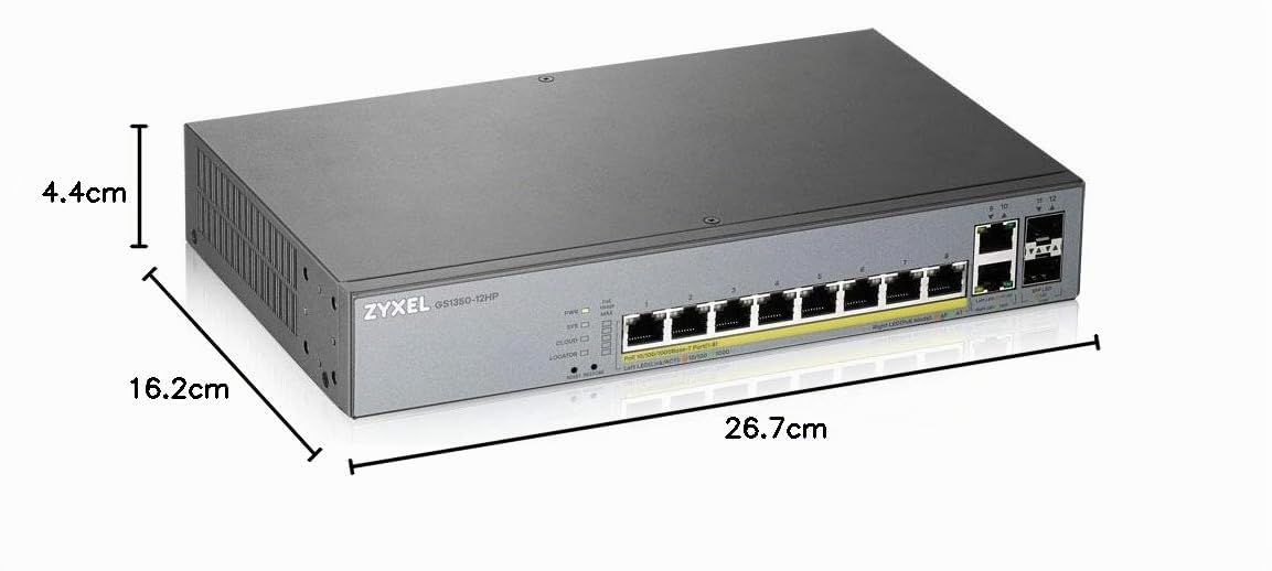 Zyxel Nebula Smart Switch 8-porte Gigabit gestito PoE+ con budget da 130 watt e 2 porte in rame Gigabit + 2 porte SFP con gestione su cloud Nebula, Long Range PoE Switch [GS1350-12HP] | 8x Porte PoE+ con Budget di 130W + 2x Gigabit + 2x SFP, NebulaFlex Pr